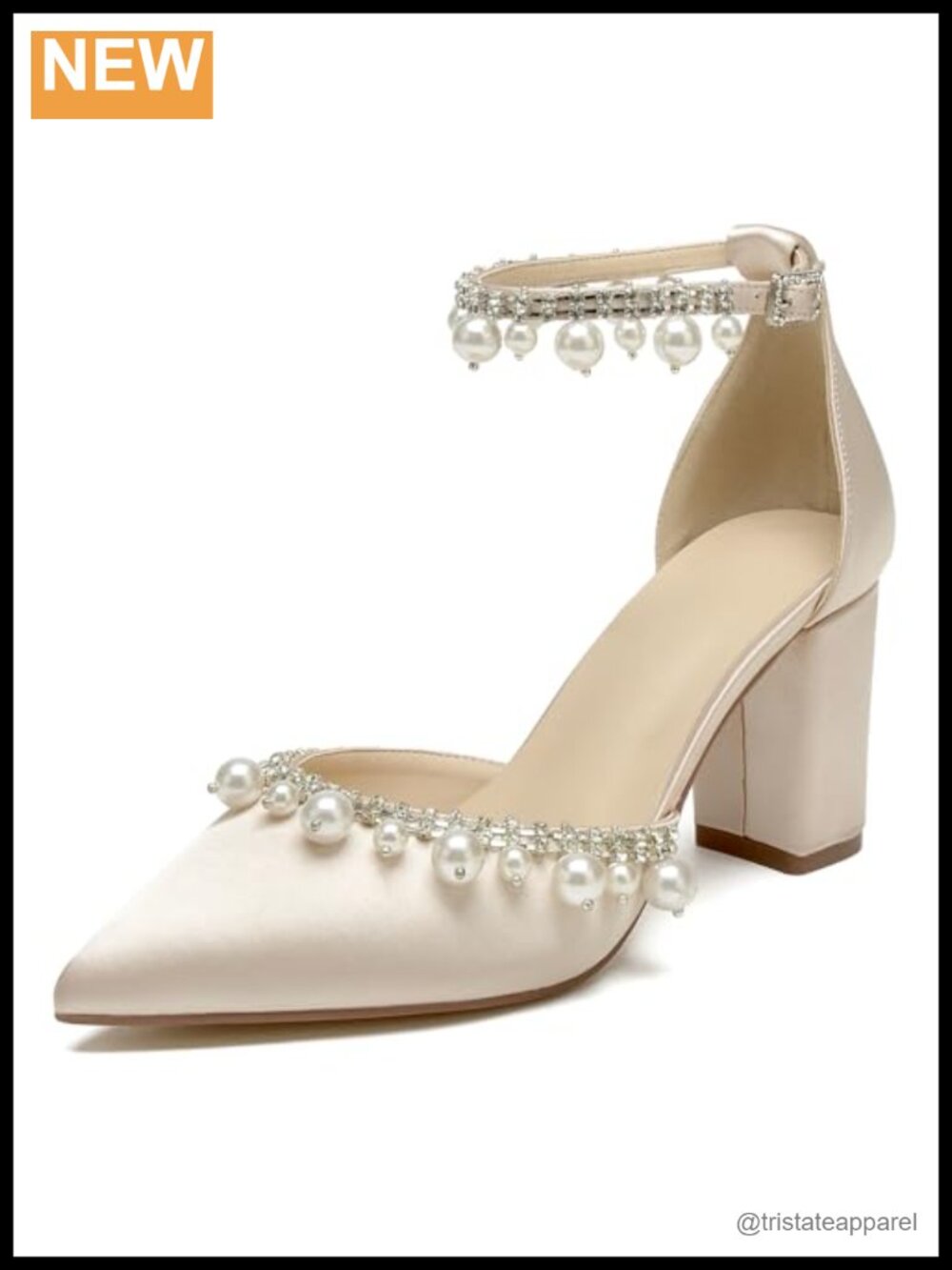 Pearl Satin Block Heel Wedding Pumps Ankle Strap Bridal Shoes